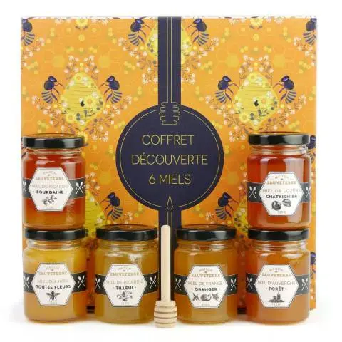 Assortiment de 6 miels de France et cuillère à miel
