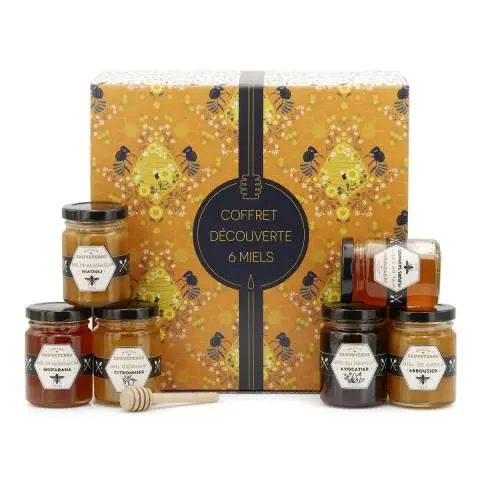 Assortiment de 6 miels du monde et 1 cuillère à miel